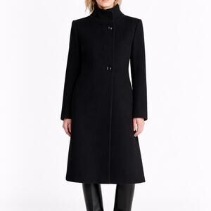 FLEURETTE Black Stand Collar 100% Wool Mid Length Jacket Coat Minimalist 10